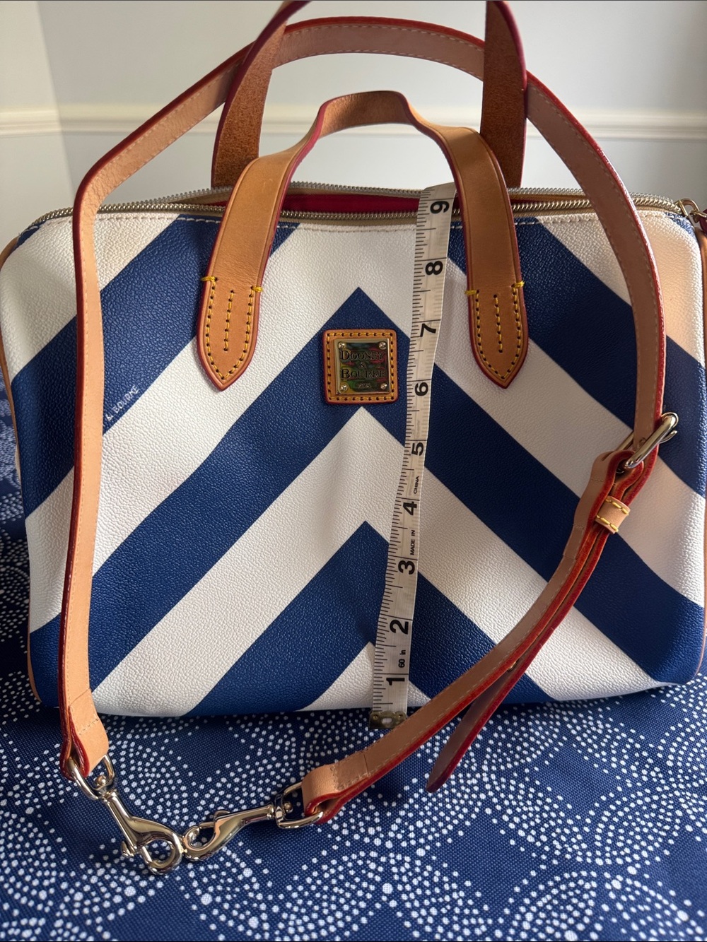 Striped Blue and White Dooney and Bourke Satchel with Tan leather Trim